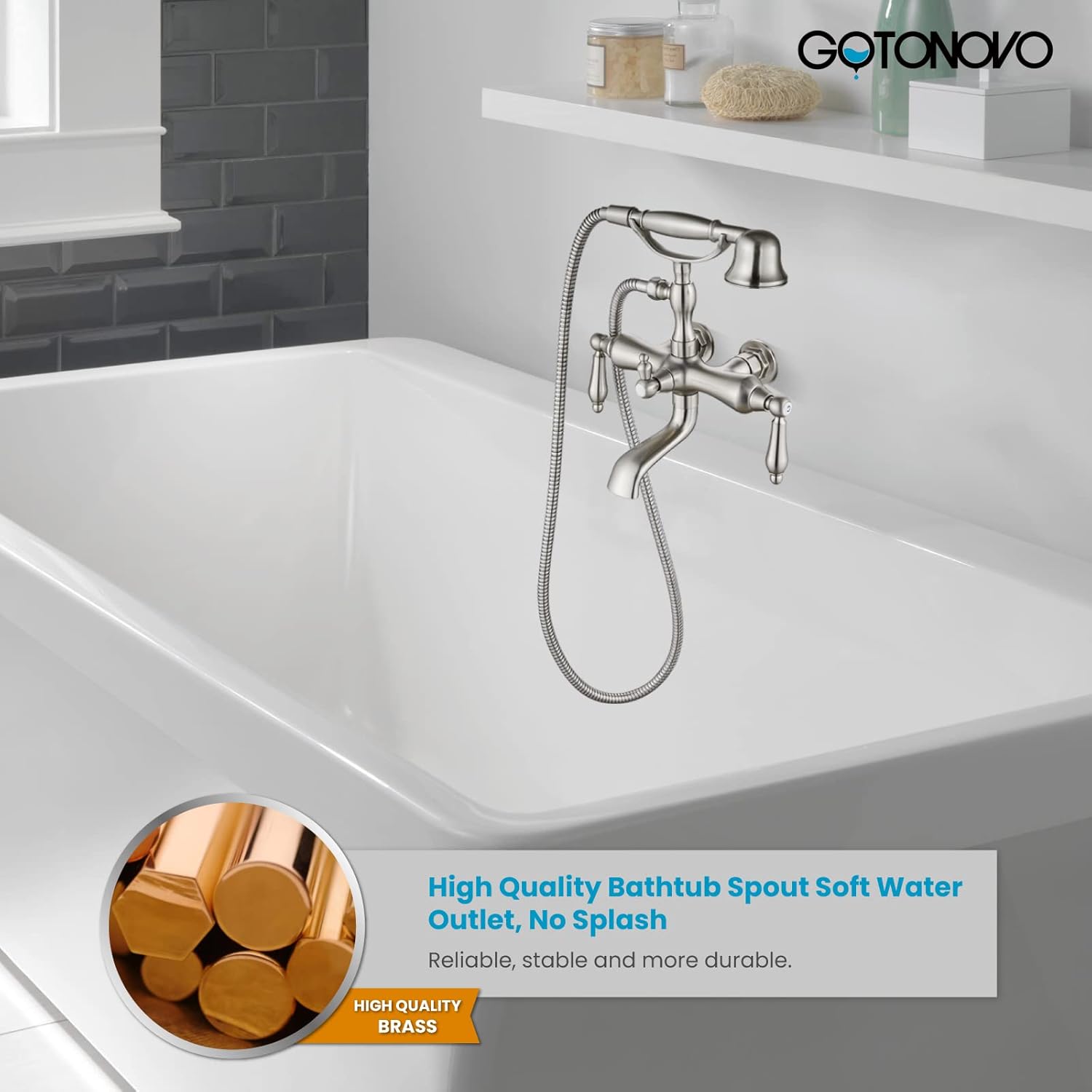 gotonovo 3 3/8 Vintage Bathtub Filler Wall Mount Clawfoot Tub Faucet Shower Kit with Handheld Shower 2-Functions Double Level Handle Vintage Telephone Handheld Shower Brushed Nickel