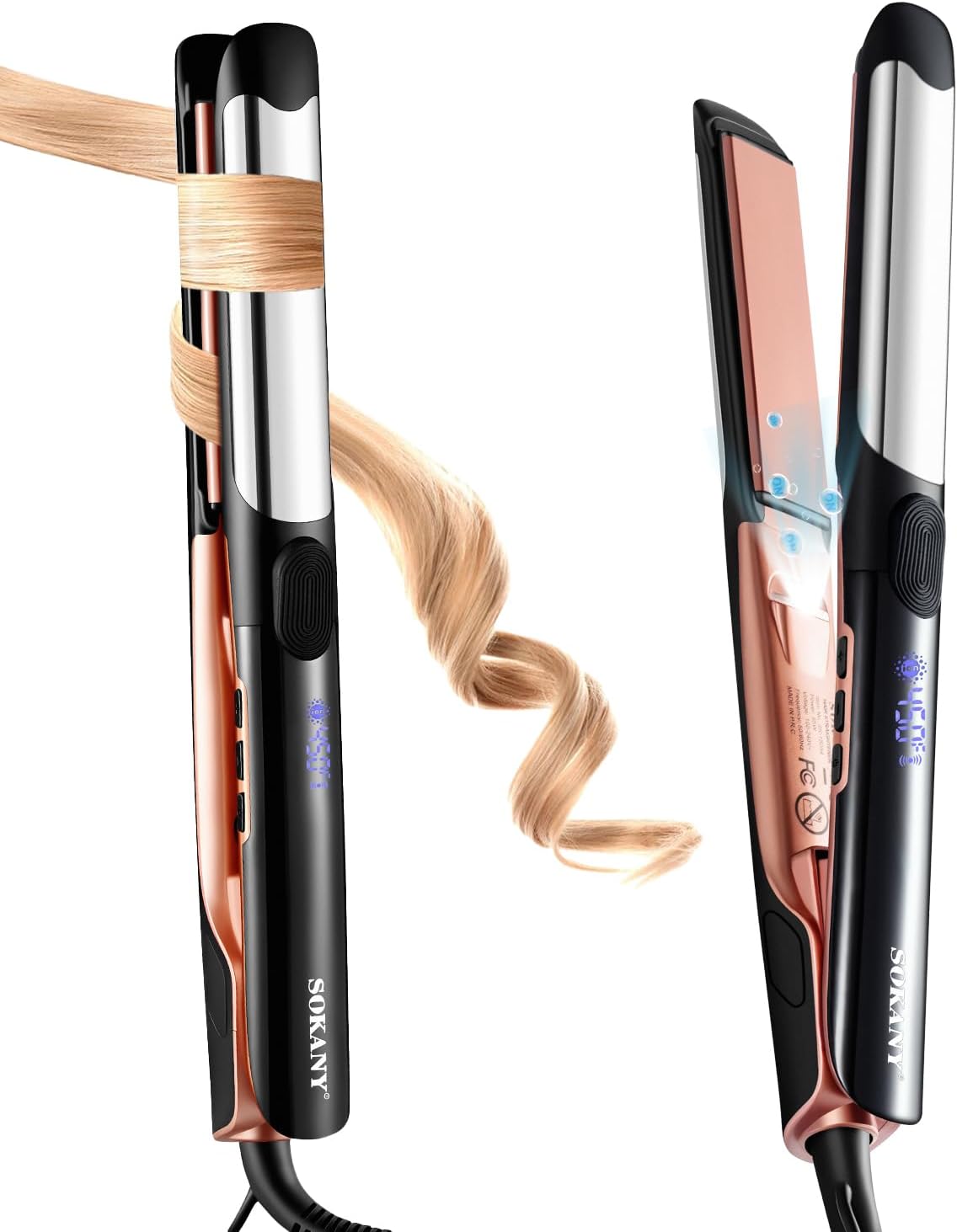 SOKANY 1 Inch Flat Iron Hair Straightener and Titanium Curler 2 in 1,Dual Voltage Smart 3D Ceramic Floating Plates Ionic Straightener,8 Temps Settings Fast Heating & Heat Protection