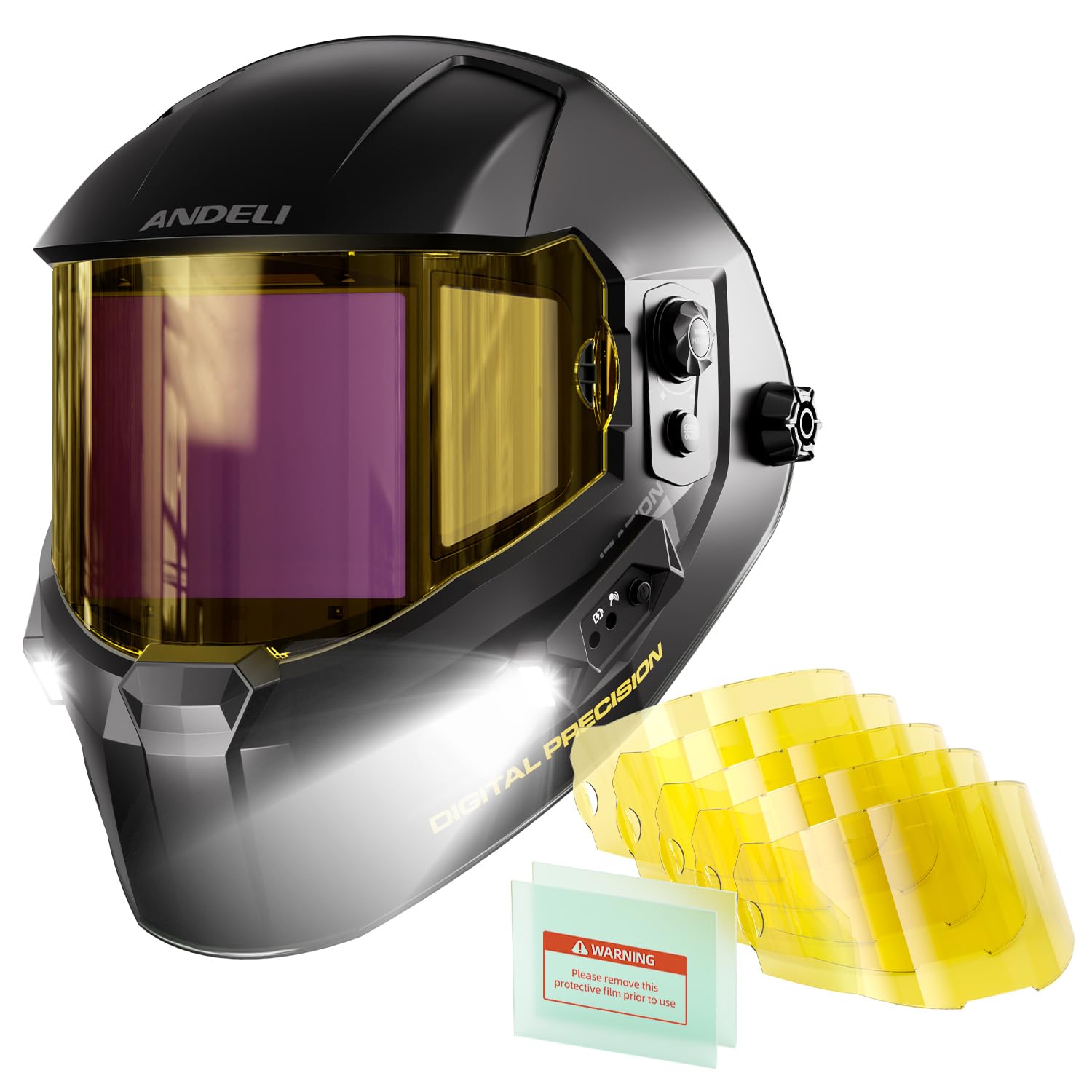 ANDELI Casco/Máscara Soldadura Auto Oscurecimiento Visión180° 2 LED gestual, ANDELI Juego de lentes de repuesto para casco de soldadura OPTIM: 5 lentes exteriores y 2 lentes de protección interiores c