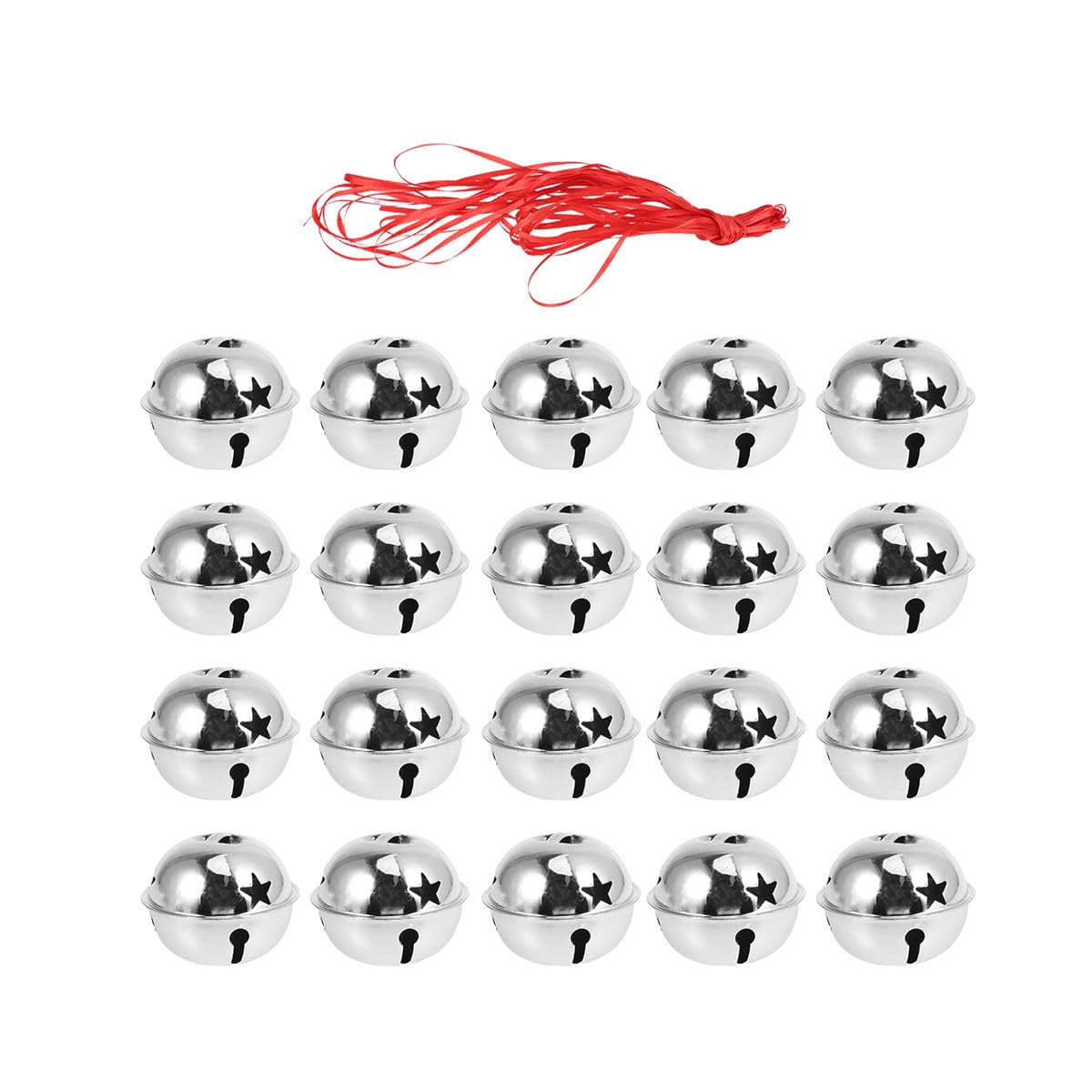 SEWACC 20 Mini Cascabeles Navideños con Cinta de 10 M, Campanillas Colgantes para Árbol de Navidad con Recortes de Estrellas para Manualidades, Fiestas Y Decoración Navideña (4 Cm, Plateado)