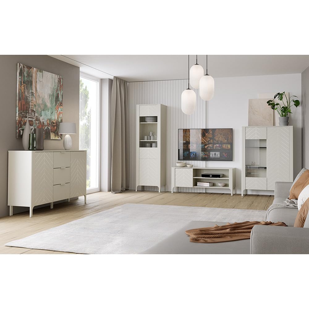 Lomadox Wohnwand in Kaschmir mit Lowboard, Vitrine & Highboard – Modernes Wohnzimmermöbel-Set im Fischgrät-Design mit Softclose
