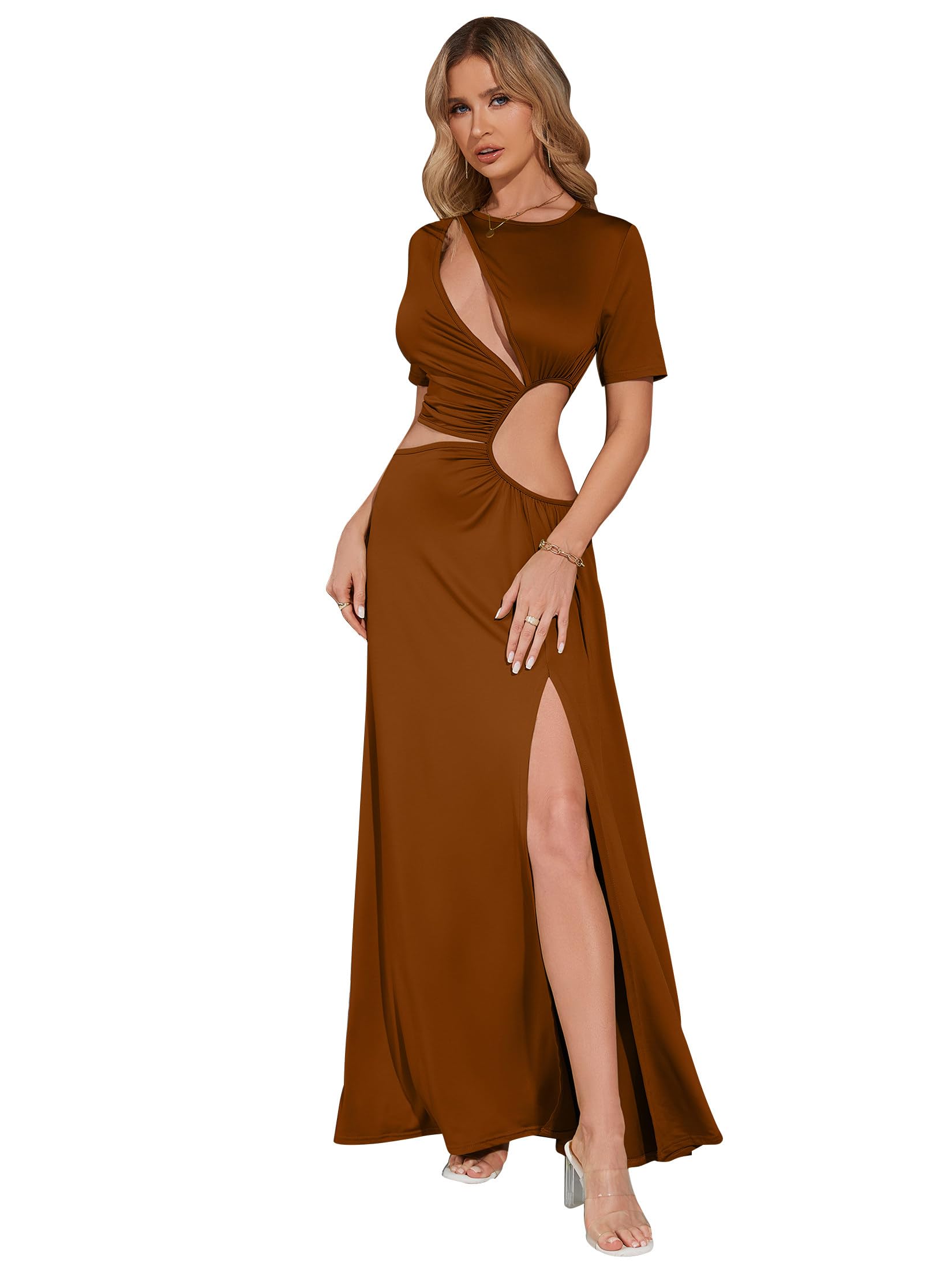 XNMHL Women’s Cutout Maxi Dress Short Sleeve Deep V Neck Ruched Waist High Slit Stretch Bodycon Long Dresses