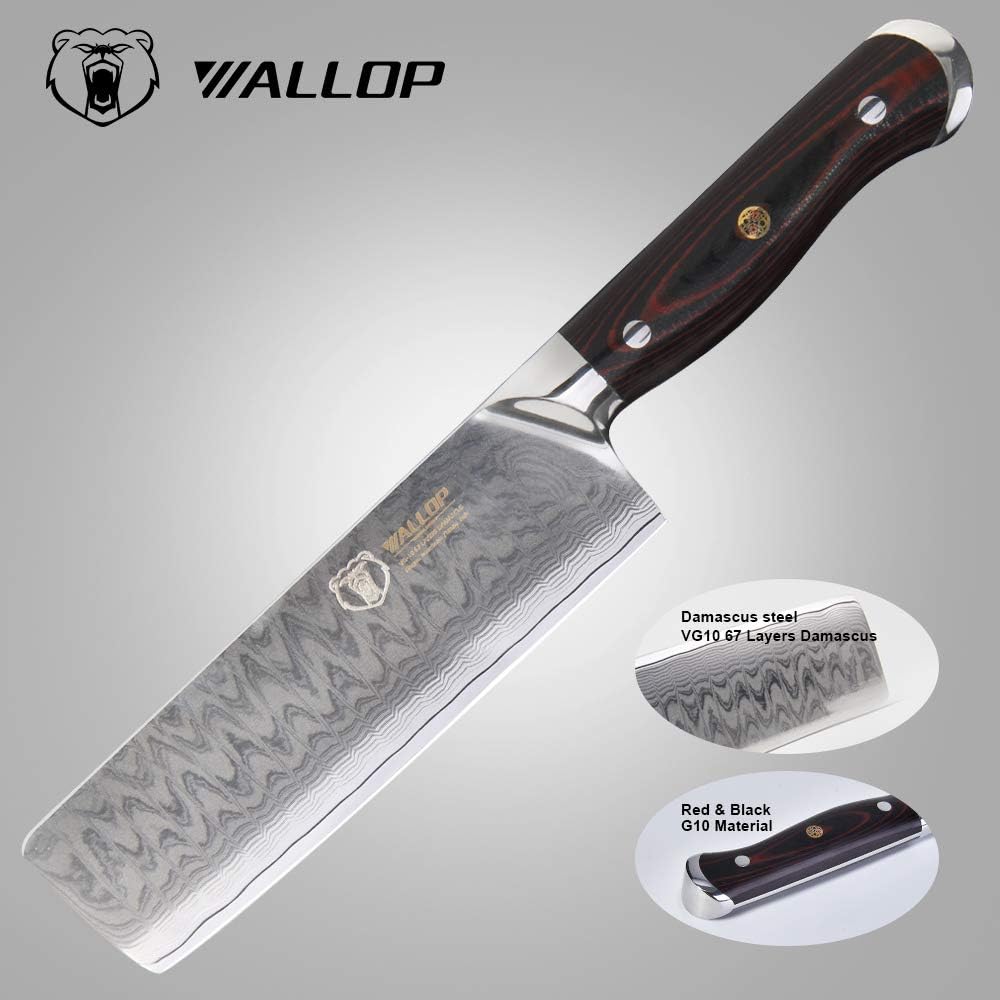 7'Japanese Damascus Usuba - Nakiri Knife with 67 Layers Damascus Steel Kitchen Knife,Vegetable Chopper Cutter Knife, Meat Cleaver, Full Tang Blade G10 Handle for Professional Chef WALLOP Dragon Bone