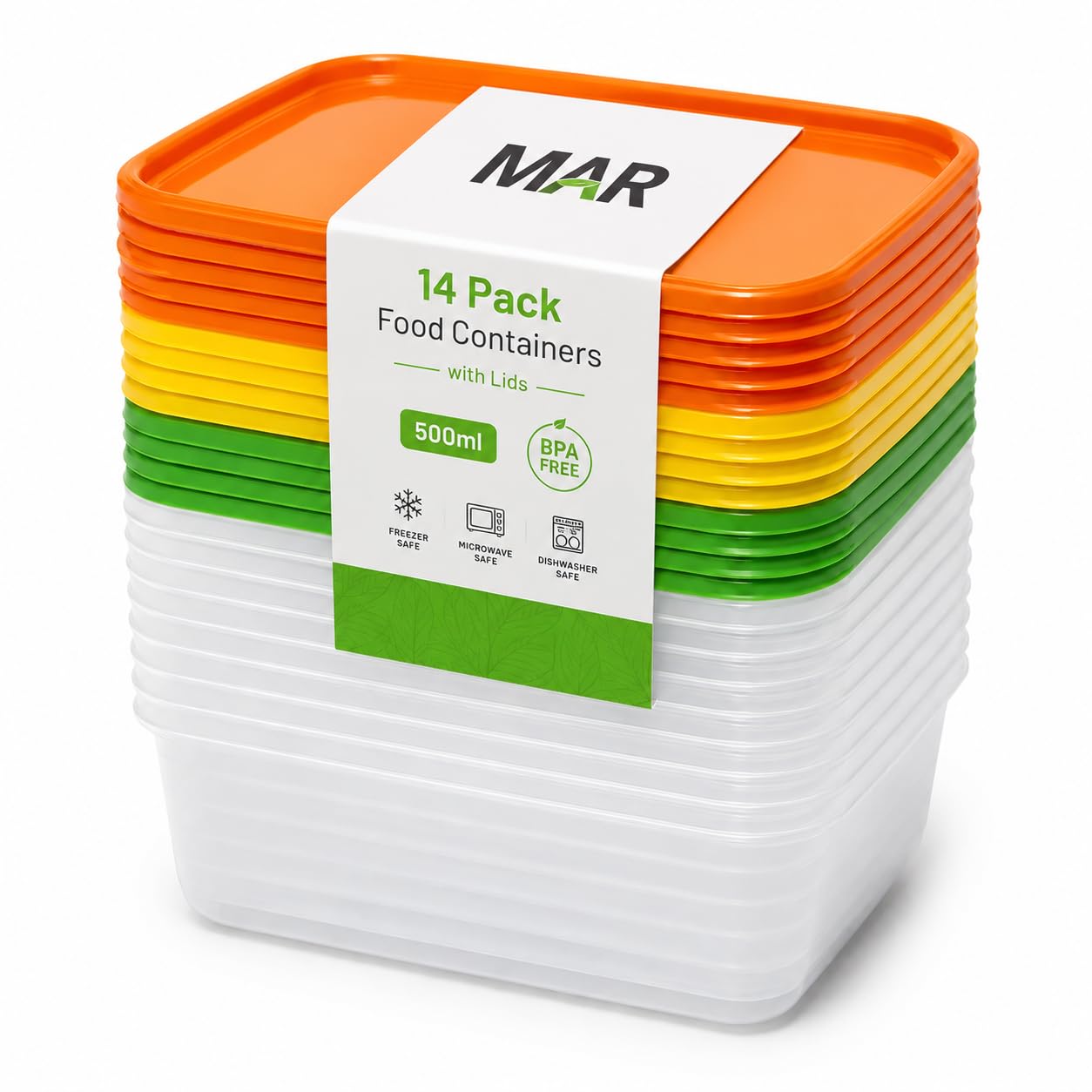 MAR Plastic Food Containers with Lids 14 Pack, 500ml Microwave Freezer Safe