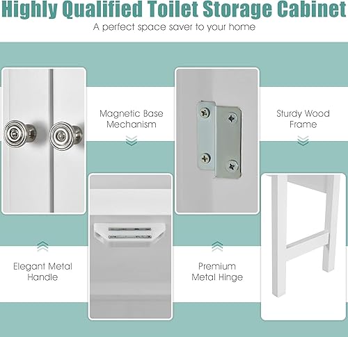 Miniatura 5 de Giantex Armario de almacenamiento para inodoro con armario de 2 puertas, estante abierto, estante ajustable de 3 posiciones, dispositivo