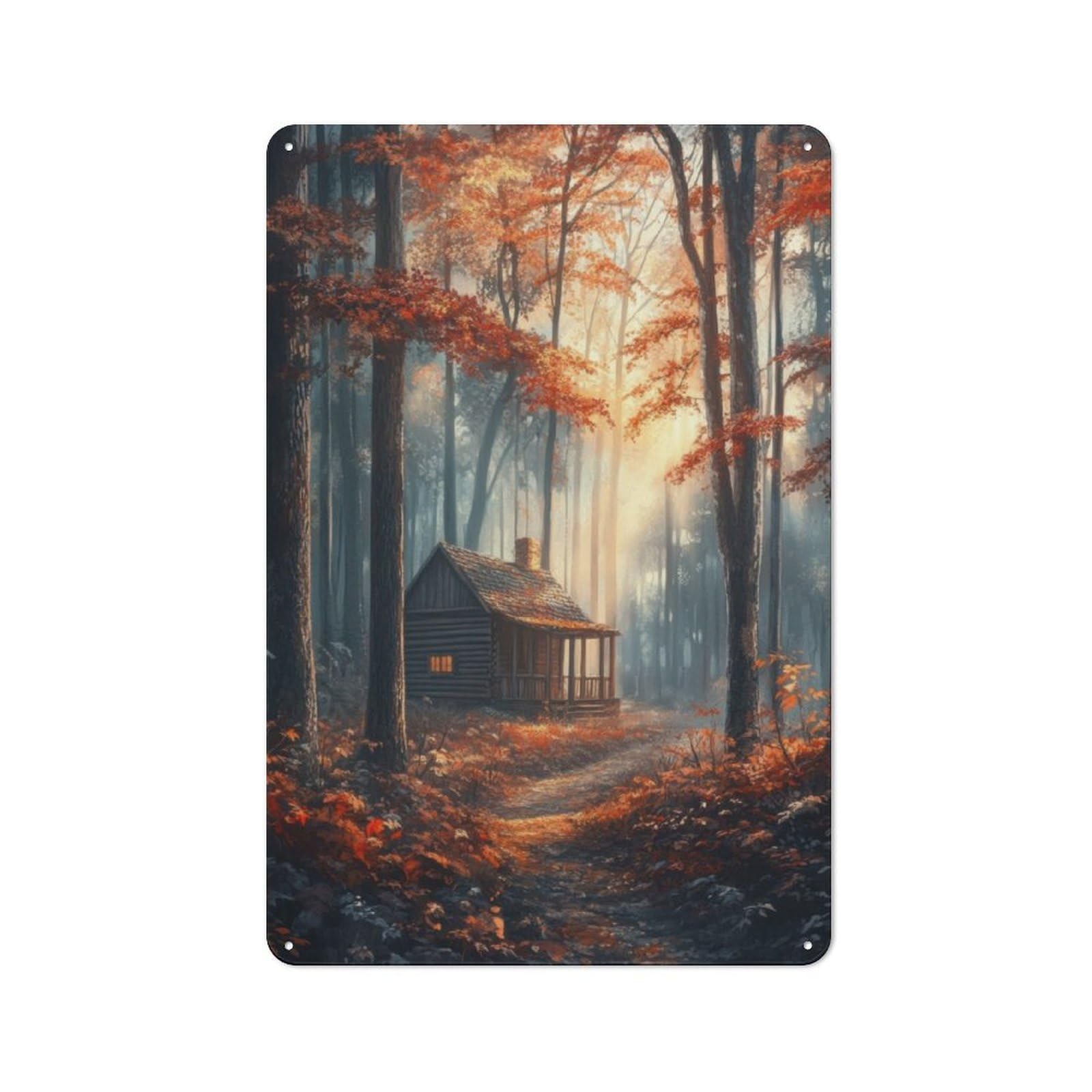 Junmoney Cabin In Autumn Forest Metal Sign 30X20cm With For Hallway Wall, Vintage Decor, For Garage, Workshop And Man Cave Decoration