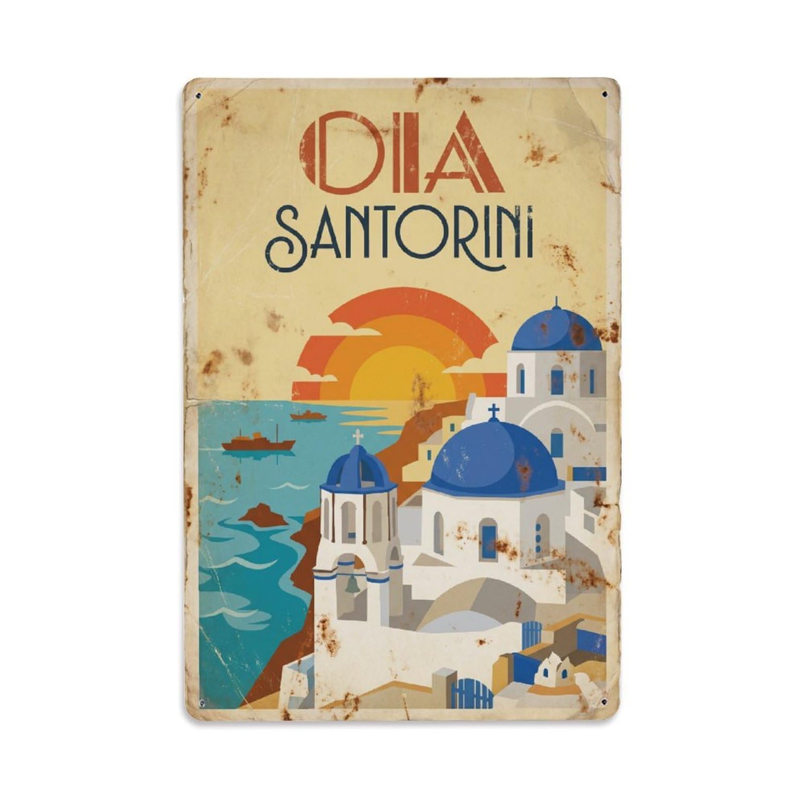 Vintage Travel Oia Santorini Sunset Metal Tin Sign