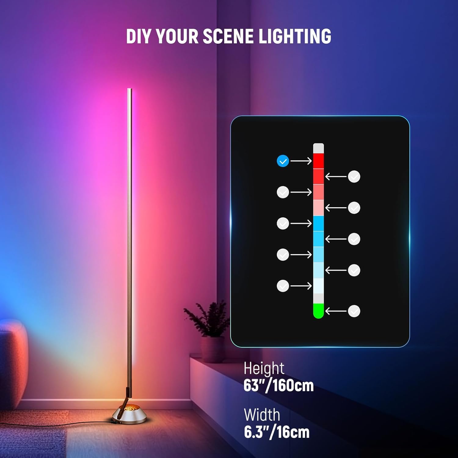 NEEWER Inteligentna lampa podłogowa RGBW, lampa narożna LED o mocy 1500 lm, kompatybilna z Alexą i Asystentem Google, sterowanie aplikacją/AI DIY/synchronizacja muzyki/16 milionów kolorów, NF01