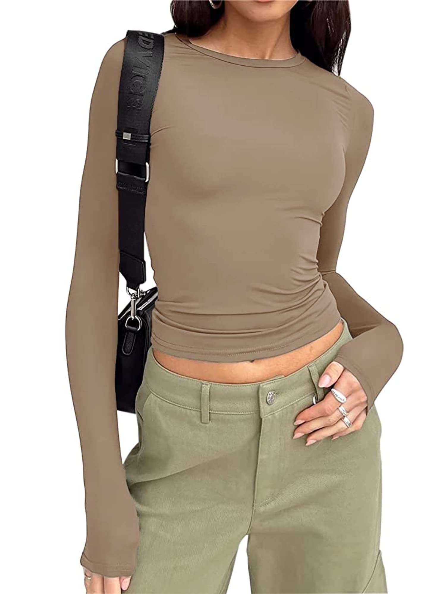 Yoisdtxc Women Slim Fit Going Out Crop Tops Casual Y2k Skinny Long Sleeve Tight Tee Shirt Basic Streetwear (Ba Coffee, S)