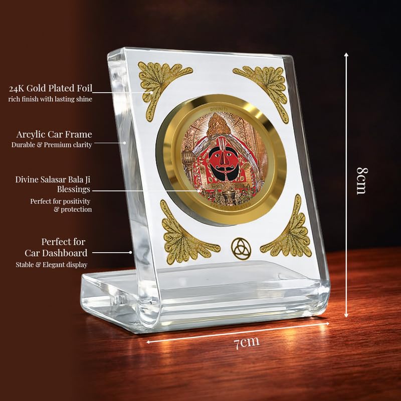 Image of DIVINITI 24K Gold Plated Lord Salasar Balaji Acrylic Frame for Car Dashboard, Home Temple & Office Table | Premium Spiritual Gift, Blessings for Protection & Positivity, 8x7 cm Decorative Showpiece