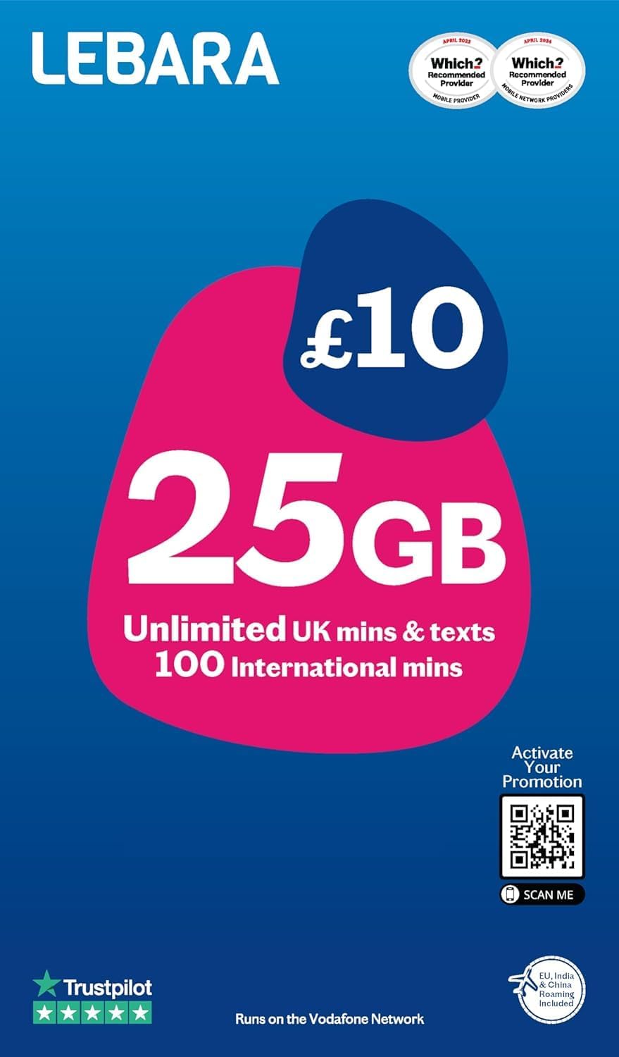 Lebara SIM Card, 20GB for £10, half price for first 3 months, no contract, pay when you activate SIM, multi-size, fits all devices