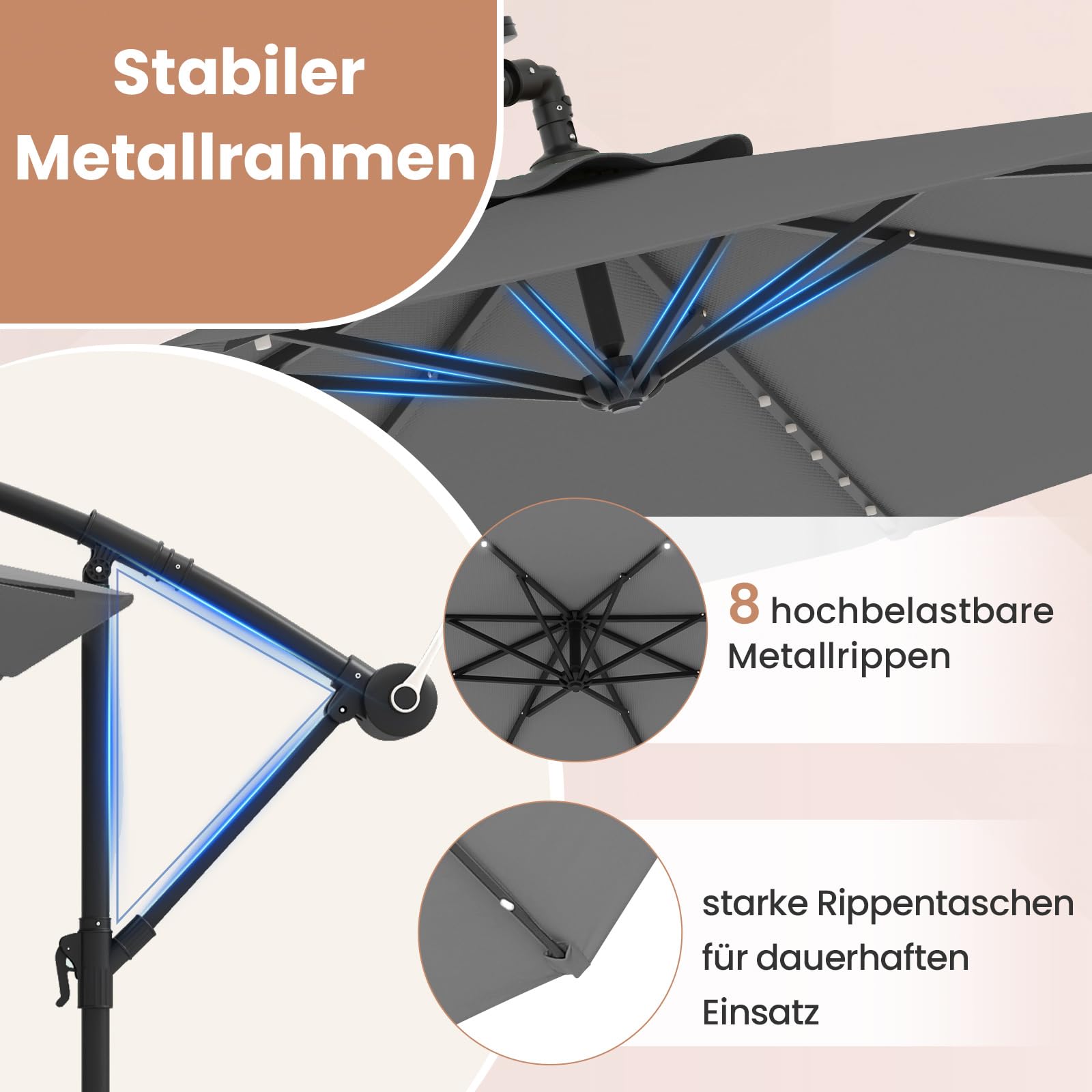 COSTWAY 300 cm Sonnenschirm mit Ständer und LED-Leuchten, Ampelschirm mit Kurbel, Gartenschirm, UV-Schutz, Marktschirm, Terrassenschirm für Garten, Pool, Terrasse (Grau)