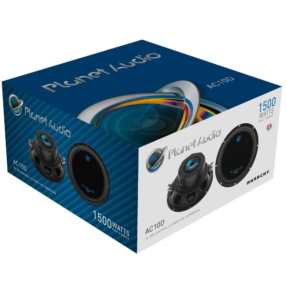 KIT SET PER PLANET AUDIO AC10D 1 subwoofer da 25 cm 250 mm 10", 750 watt rms e 1500 watt max, dvc, dual voice coil, doppia bobina 4 ohm, per auto, o in cassa, 1 pezzo + anello di montaggio