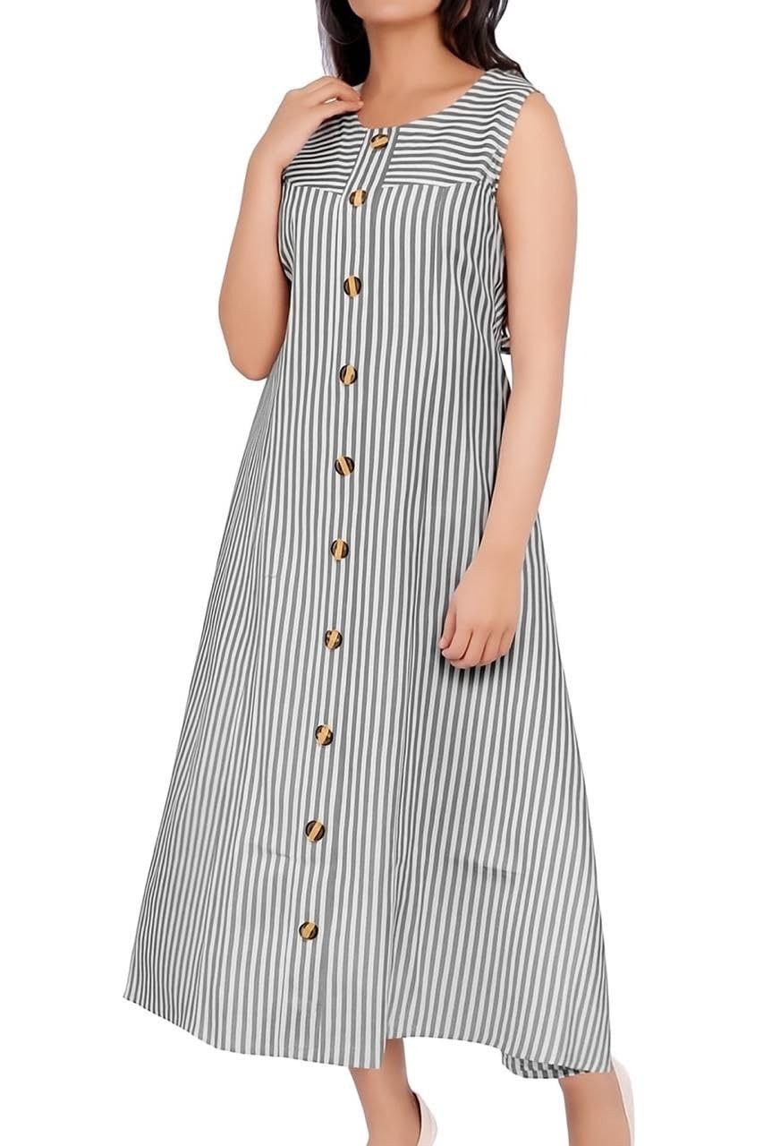 Striped Cotton Button-Down Sleeveless Maxi Midi Dress, Grey and White, Casual Wear-picture-37