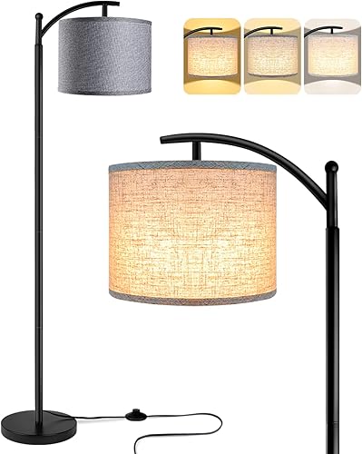 ROTTOGOON Lámpara de pie con bombilla LED 3CCT, pantalla de lámpara de lino gris para sala de estar, lámpara de pie moderna para dormitorios, color