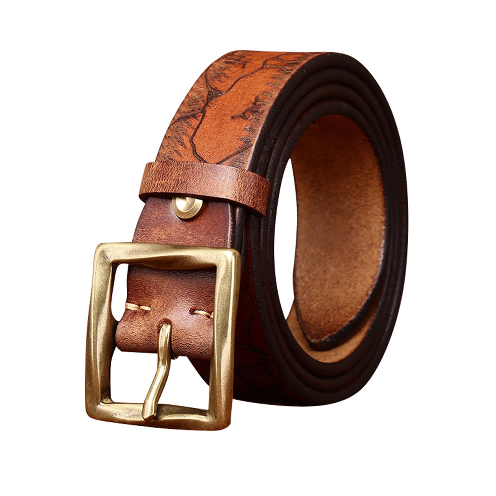 OBASDFD Embossed Belt For Women & Men - Cowboy Cowgirl, Engraved Vintage Distressed Cow Leather, 5mm Thickness Pin Buckle(Brown,115cm/waist:39")
