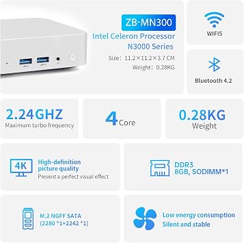 Mini PC Intel N3160(4C/4T) 8GB RAM 128GB SSD(Support 2T) windows/RJ45 LAN 1000M/USB*4/USB-C*2 /HDMI*2 4K Dual Display 2.4G/5G WiFi & BT4.2 Mini Desktop Computer for Home/Office/Business