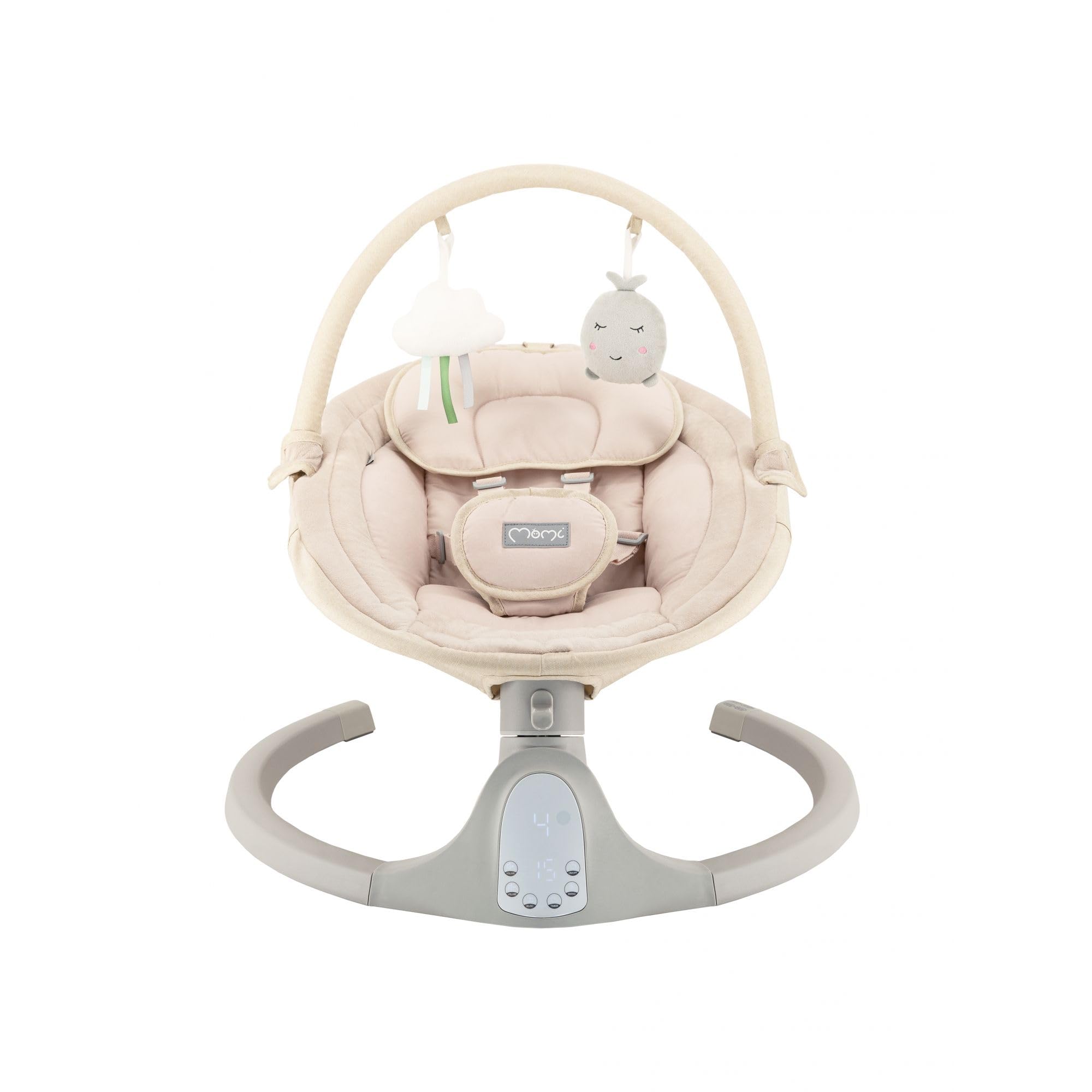 MoMi KENANI SAND Huśtawka do 9 kg, wyświetlacz LED, pilot zdalnego sterowania, Bluetooth do smartfona, zasilanie bateryjne/sieciowe, 5-punktowe szelki bezpieczeństwa, łuk i zabawki