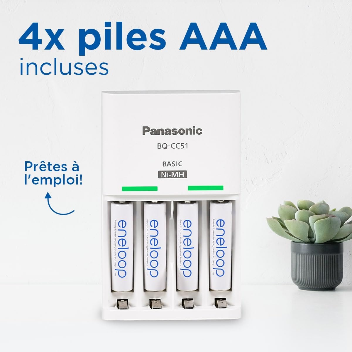 Chargeur eneloop Basic pour 2 ou 4 Piles Ni-MH AA/AAA. Nouvelles Fonctions de sécurité, fourni avec 4 Piles eneloop AAA/Micro, capacité renforcée et 6 Fonctions de sécurité