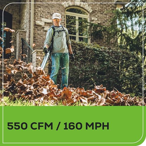 Image of Greenworks 60V Cordless Leaf Blower (550 CFM / 160 MPH) Variable Speed Brushless Backpack Blower for Fall Leaf Removal, Yard, Patio, Driveway Outdoor Cleaning, 5.0Ah Battery & 6A Charger Included