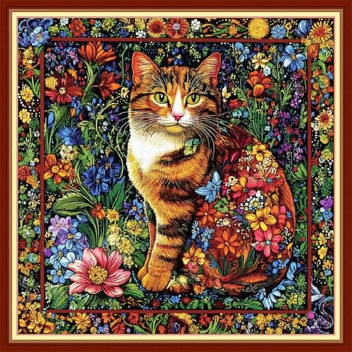 Image of Foxhool Beginners Cross Stitch Kits Stamped Full Range of Embroidery Kits for Adults DIY Cross Stitches kit Embroidery Patterns for Needlepoint kit-Colorful Flower Cat 18x18 inch