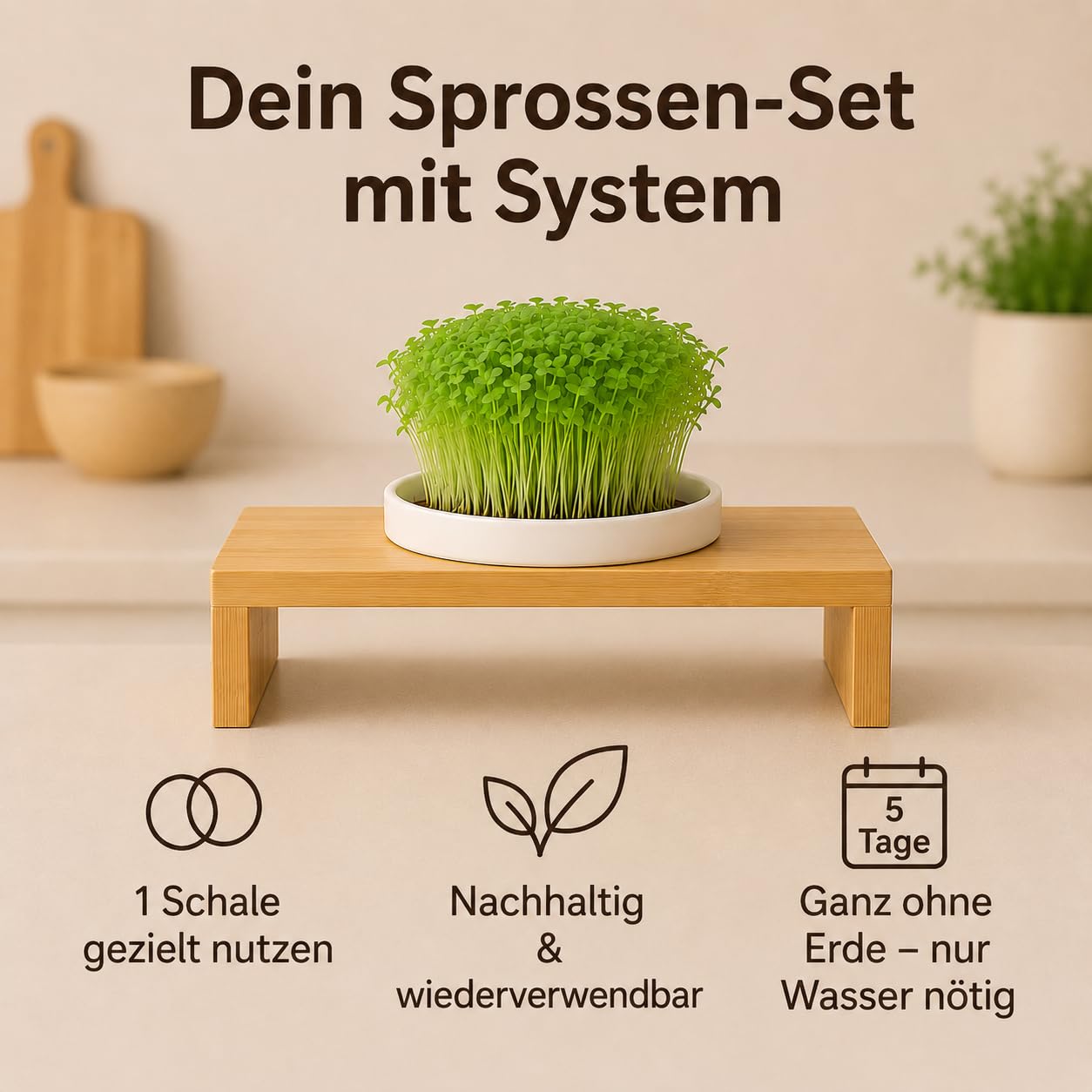 Glücksmoment Kressebank 23cm mit Keramik Kresse Anzuchtschale für Kressesamen, Sprossen & Microgreens, Sprossen Anzuchtset, Anzuchtregal, Anzuchttopf, Keimschale mit Kressesieb