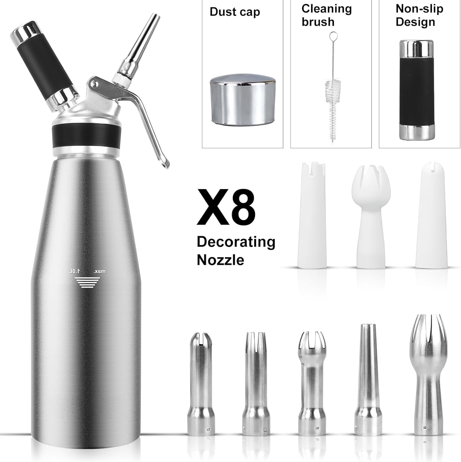 1000 mL / 2 Pintes siphon à chantilly, siphon à crème en aluminium avec 5 douilles en acier inoxydable, 3 buses en plastique et 1 brosse de nettoyage, pour décoration gâteaux d'anniversaire pâtisserie