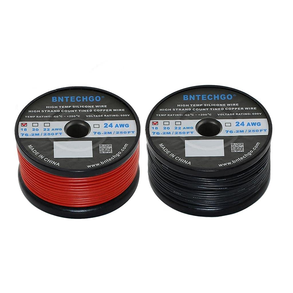 BNTECHGO 18 Gauge Silicone Wire Spool Red and Black Each 250ft Flexible 18 AWG Stranded Copper Wire