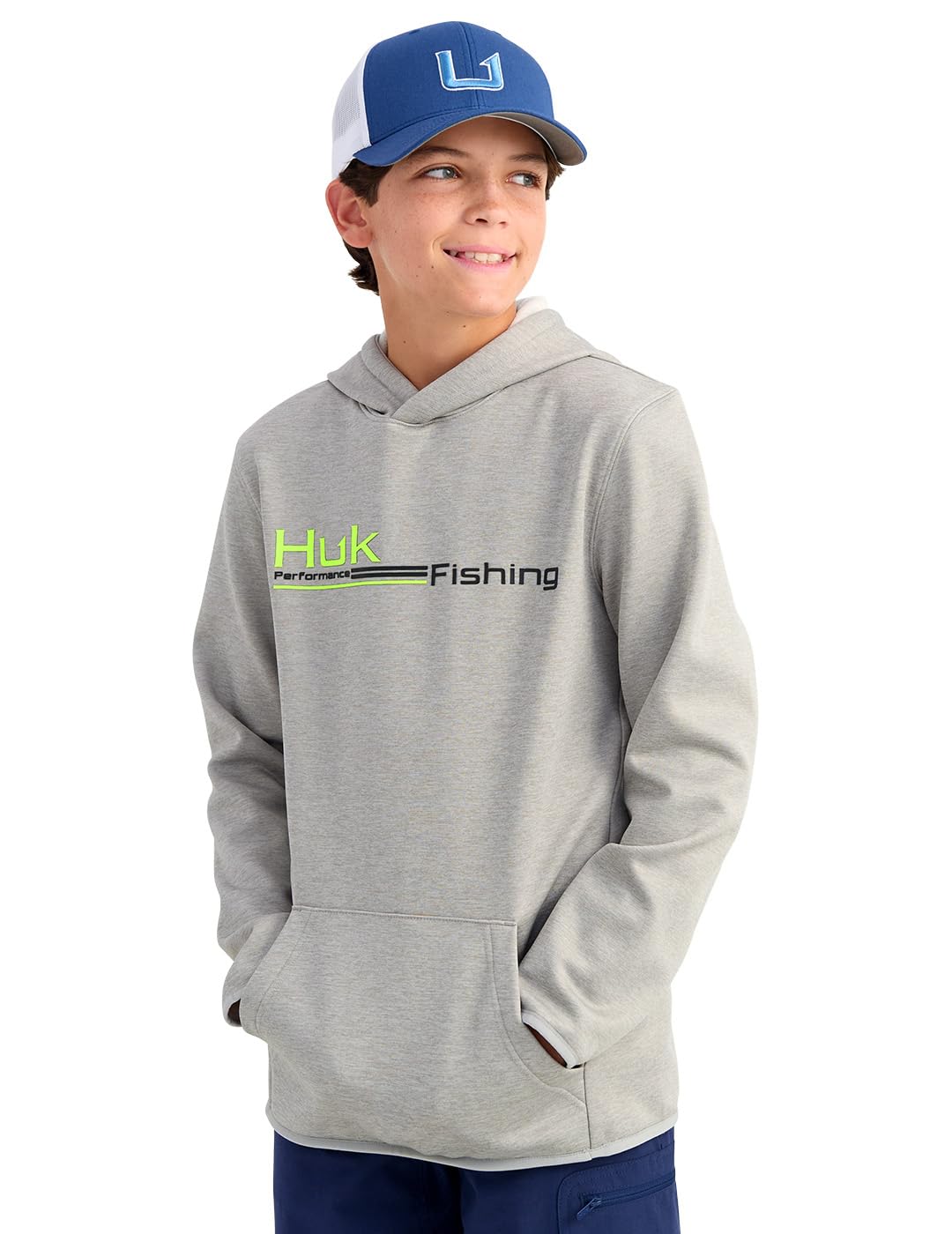 HUK Coldfront+ Graphic, Performance Fishing Hoodie For Kids Hoodie, Harbor Mist Heather 2.0, L Unisex Children