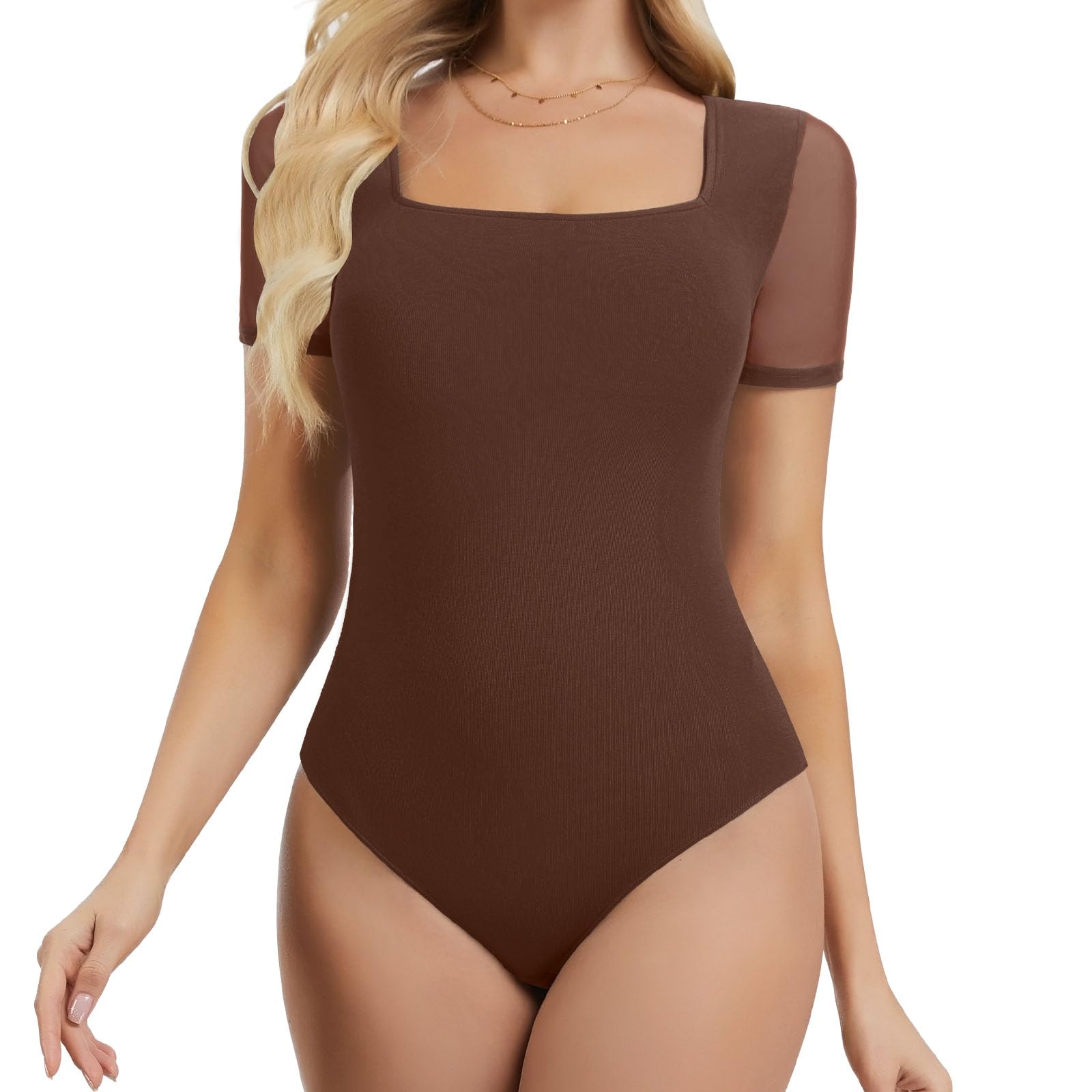 Joyshaper Body Damen Kurzarm Eckiger Ausschnitt Stringbody Netz Damenbody Tshirt Elegant Bodysuit Sommer Oberteil