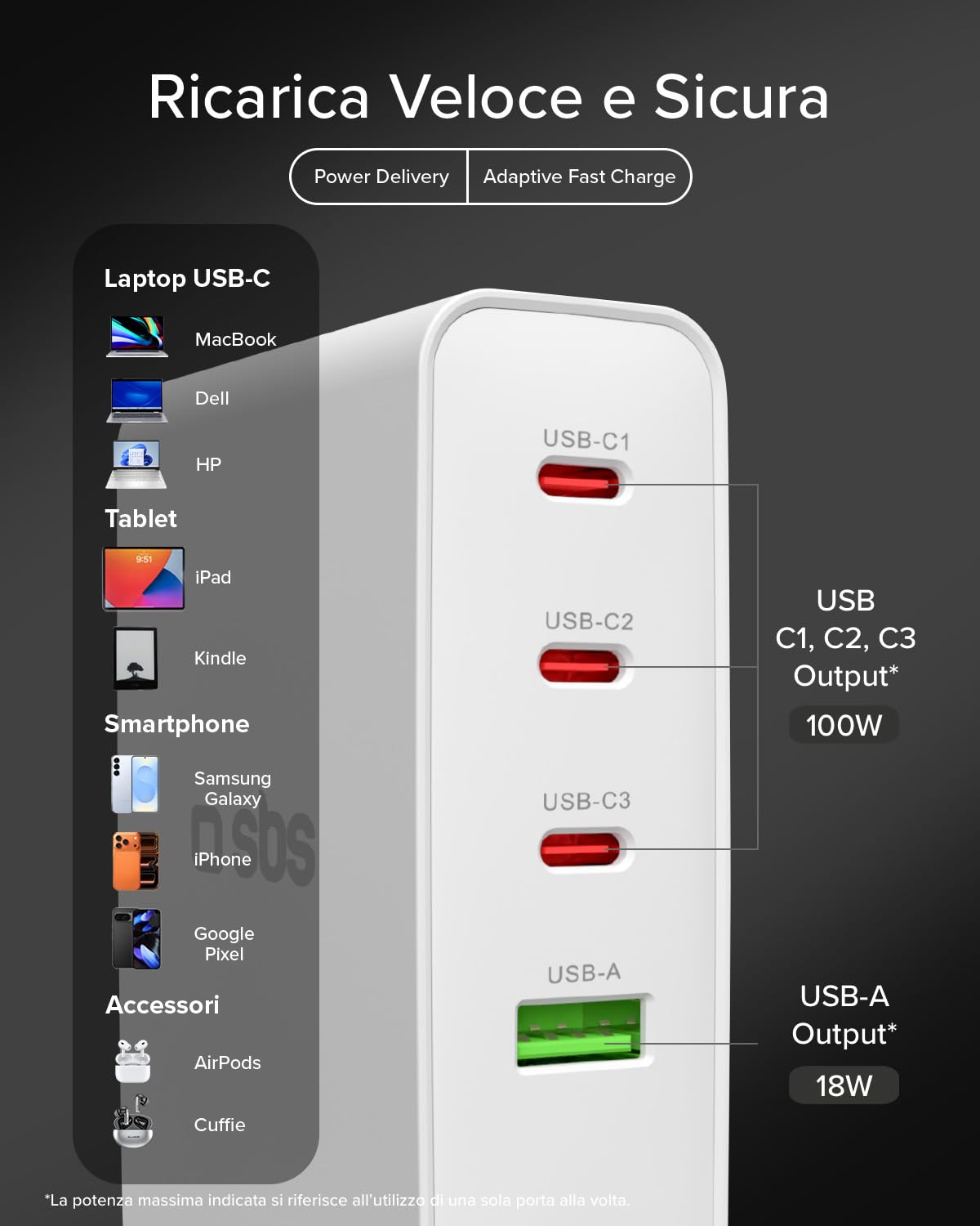 SBS Travel Adapter USB-C 100W, Caricatore da Viaggio con Spine US/UK/EU/AU | Convertitore Adattattore 4 porte USB, Power Delivery (PD), Ricarica Rapida per iPhone, Android, MacBook e Notebook, Bianco
