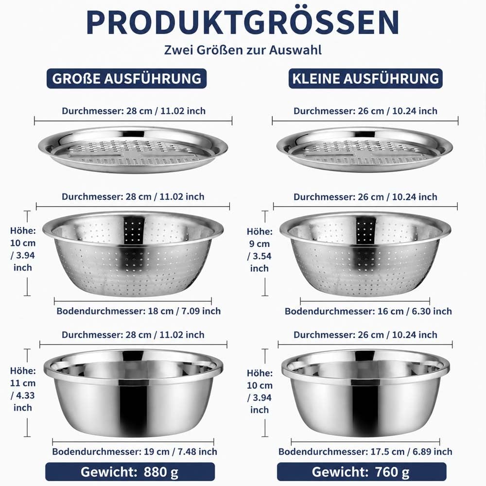 Multifunktionales Edelstahlbecken 3-In-1-Reibe, Abtropfsieb,SalatschüSsel,VergrößErt Und VerstäRkt (880 g),Siebbecken RüHrschüSsel-Set, FüR GemüSe, Obst Und ReisspüLer (26cm)