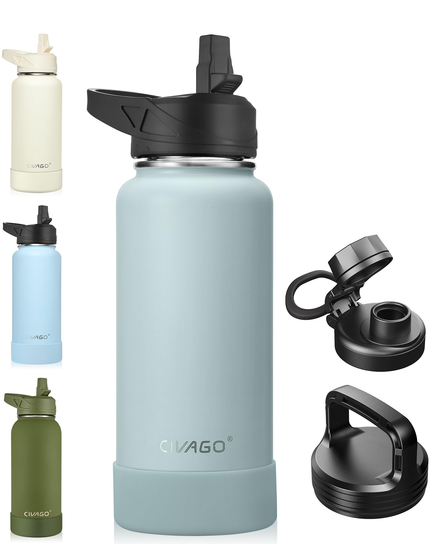 CIVAGO 32 oz Insulated Stainless Steel Water Bottle With Straw and 3 Lids | Large Metal Sports Water Jug Leakproof Reusable Wide Mouth Thermal Flask Cup with Silicone Boot, BPA-Free, Sage