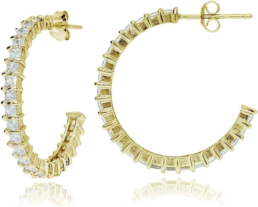 Sterling Silver Square Cubic Zirconia Half Hoop Earrings, 25mm