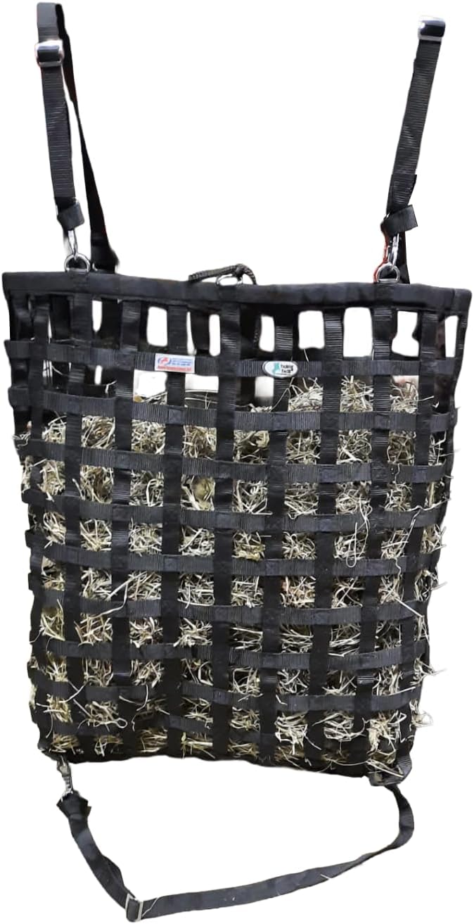 Tahoe Patented 4-Sided Slow Feed Hay Bag with Super Tough Bottom – 2"x2" Openings, Easy-Fill Plastic Ring Top, Holds 4 Flakes, Reinforced Nylon, Dust-Draining Design, 1-Year Warranty