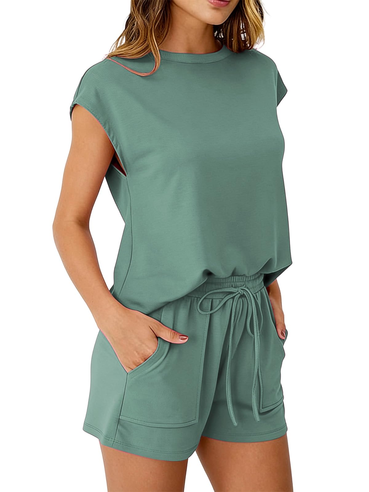 Zweiteiler Sommer Damen Ärmelloses Oberteil und Kurze Hose mit Kordelzug und Taschen Casual Shorts Outfit Loungewear Streetwear Set