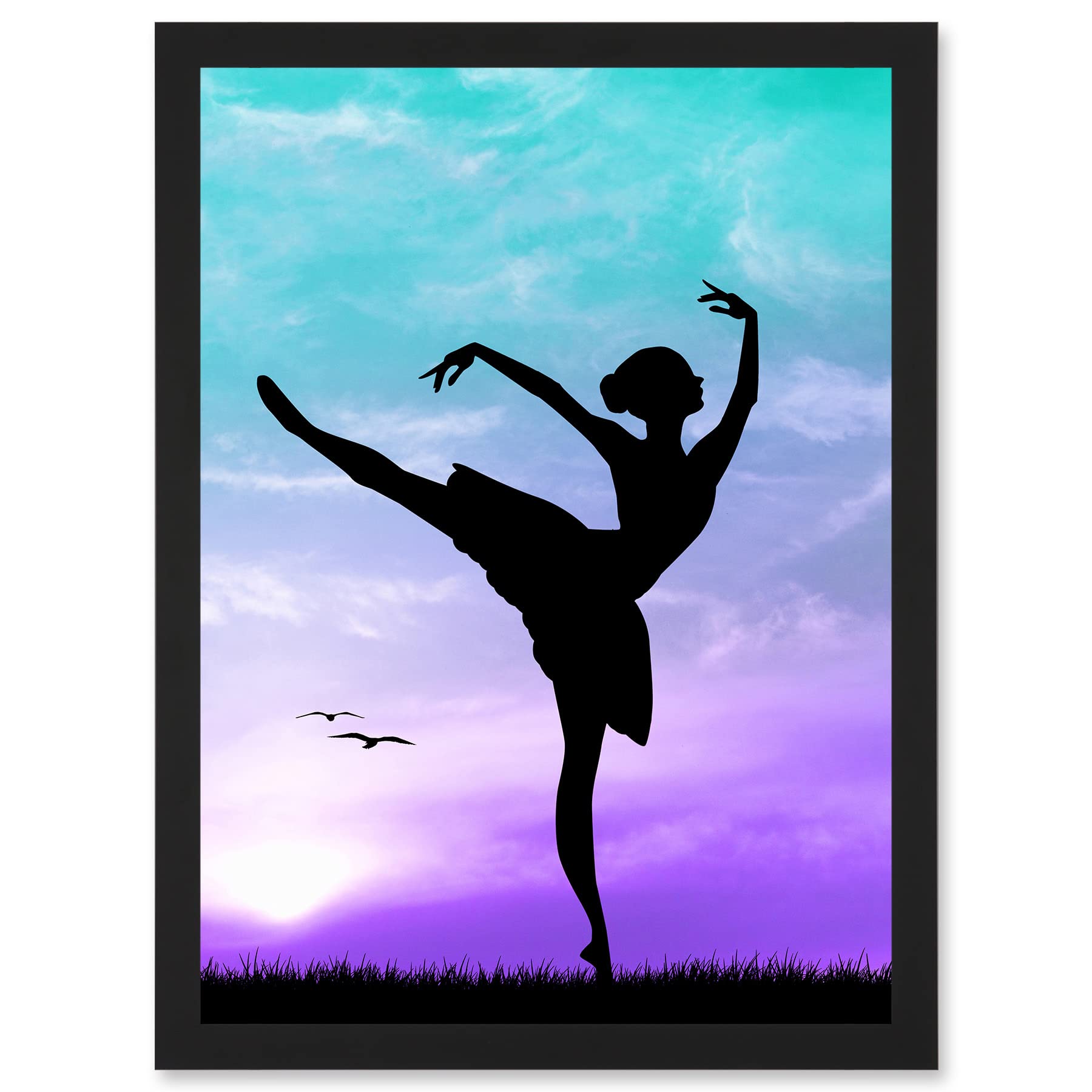 Ballet Dancer Silhouette Sunset Framed Wall Art Print - Artery8 - A4 Artwork - Black
