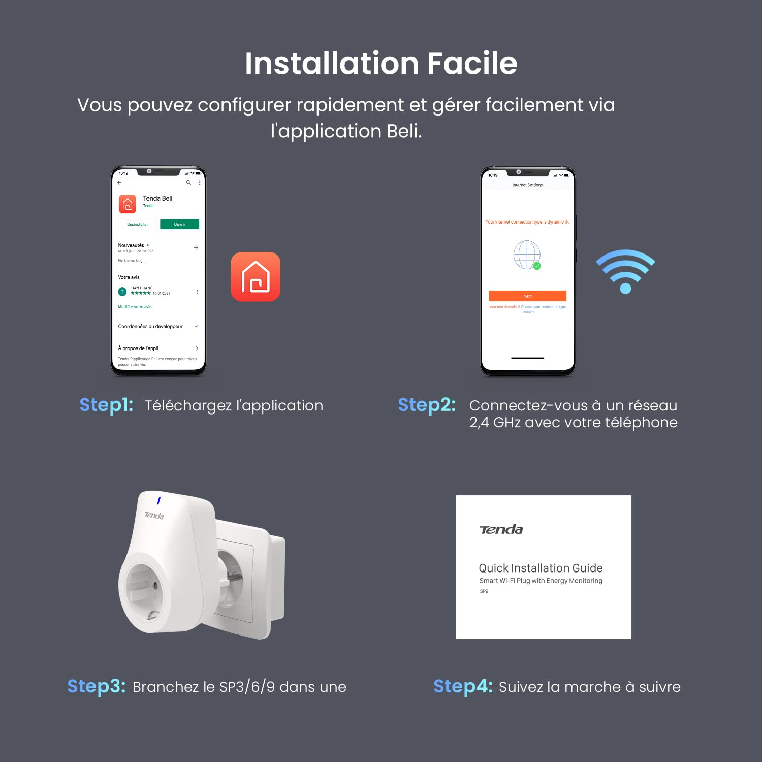 Tenda Beli SP9 Prise Connectée Intelligente, Prise Wifi Connectée Compatible avec Amazon Alexa Echo et Google Home, Contrôle à Distance, Conçue pour la Sécurité des Enfants(Pack de 4) Blanc