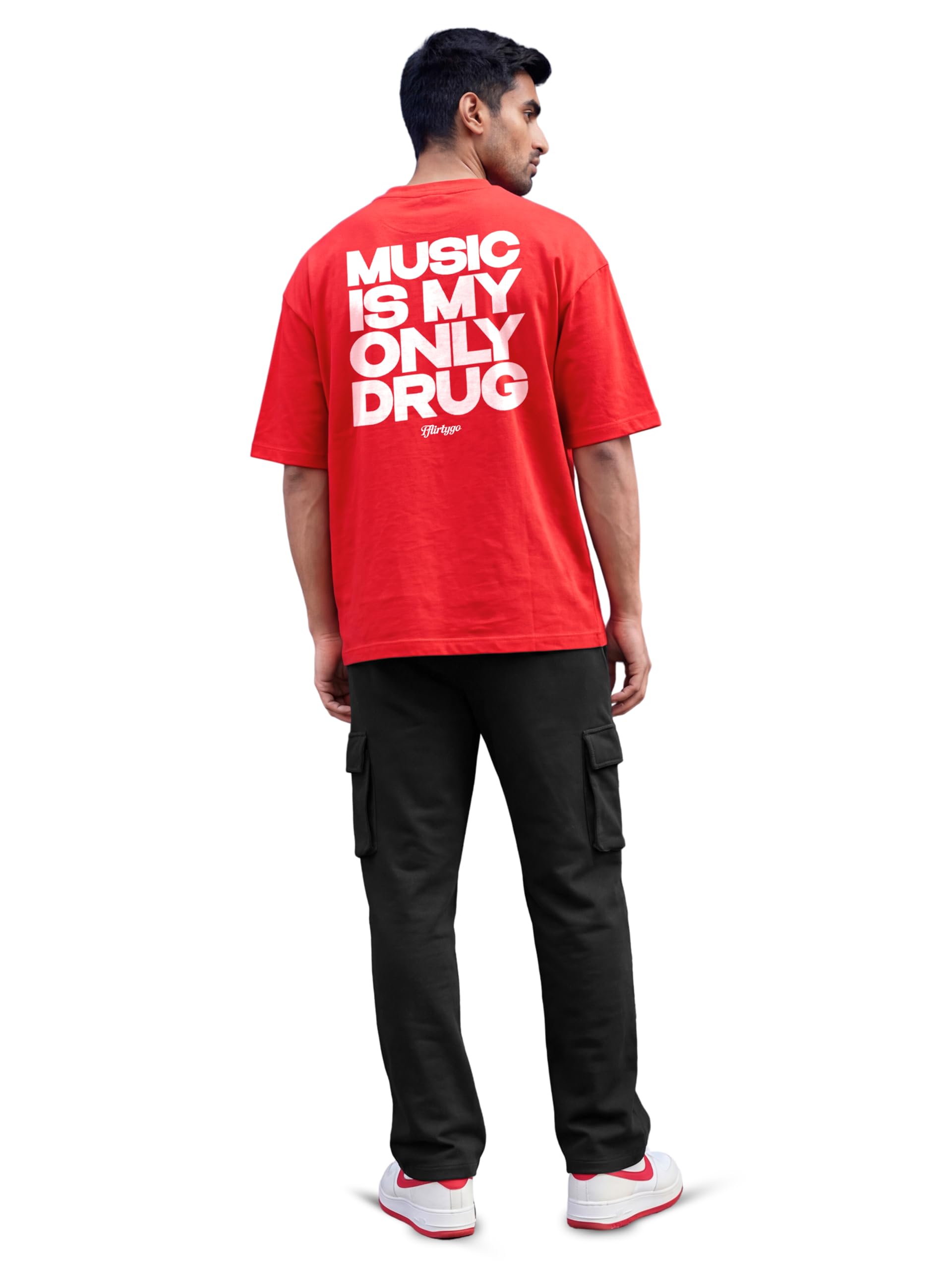 Mens Full Coord Set | Oversized Drop Shoulder T-Shirt & Cargo Jogger | Music Print | Terry Cotton | Red & Black-image-44