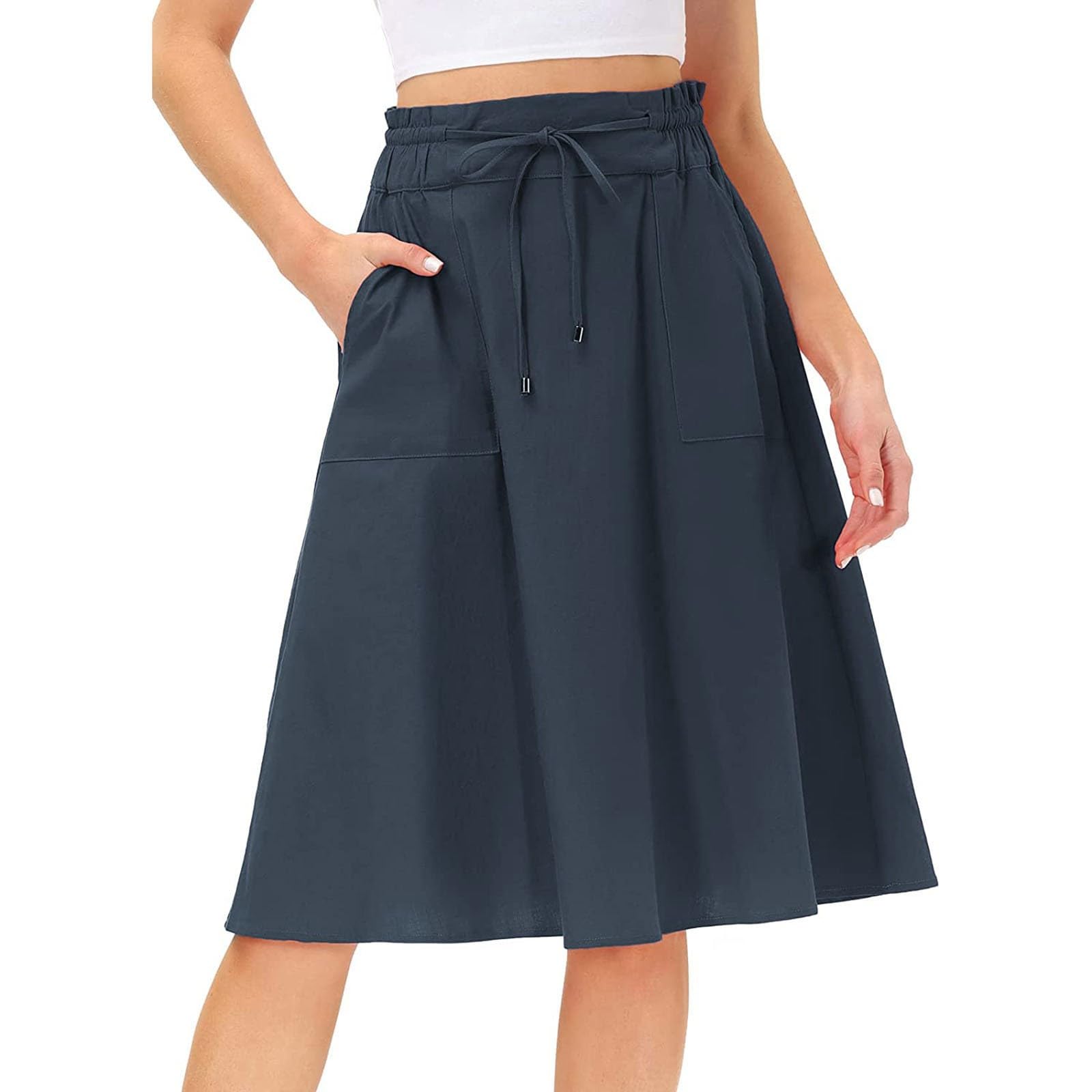 Gonna Estiva Donna al Ginocchio Cotone E Lino Tinta Unita Gonne Estive Donna Elastico in Vita Boho Gonna Midi Larga A Trapezio con Tasche Gonne Estive Leggere A Vita Alta con Coulisse Abito Corto
