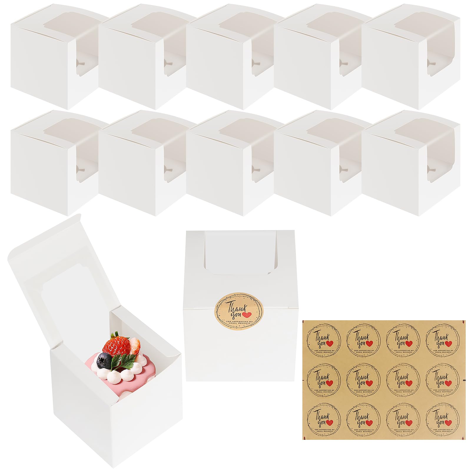 ZWQLZG 18pcs Cupcake Boxes Single, Individual Cupcake Boxes 9x9x9cm, Single Cupcakes Box with Window, Cupcakes Boxes with Base and 24 Stickers, White Cupcakes Box for Wedding Birthday Party (White)