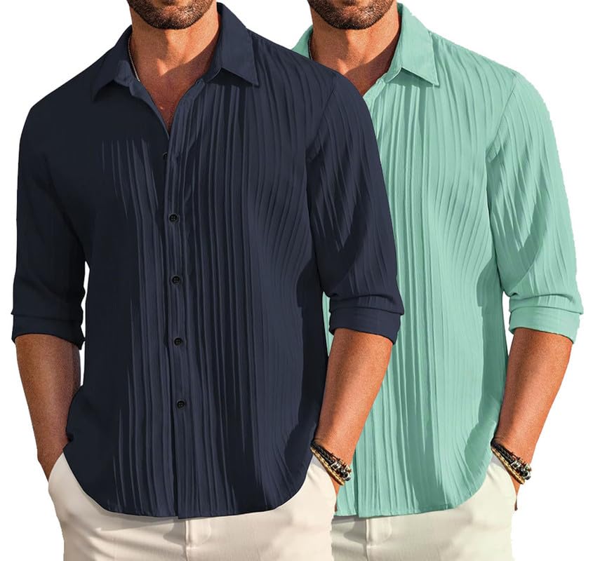 Image of DEELMO Combo of Men's Casual Button Down Shirts Long Sleeve Linen Shirt Fashion Textured Summer Shirts Pack of 2