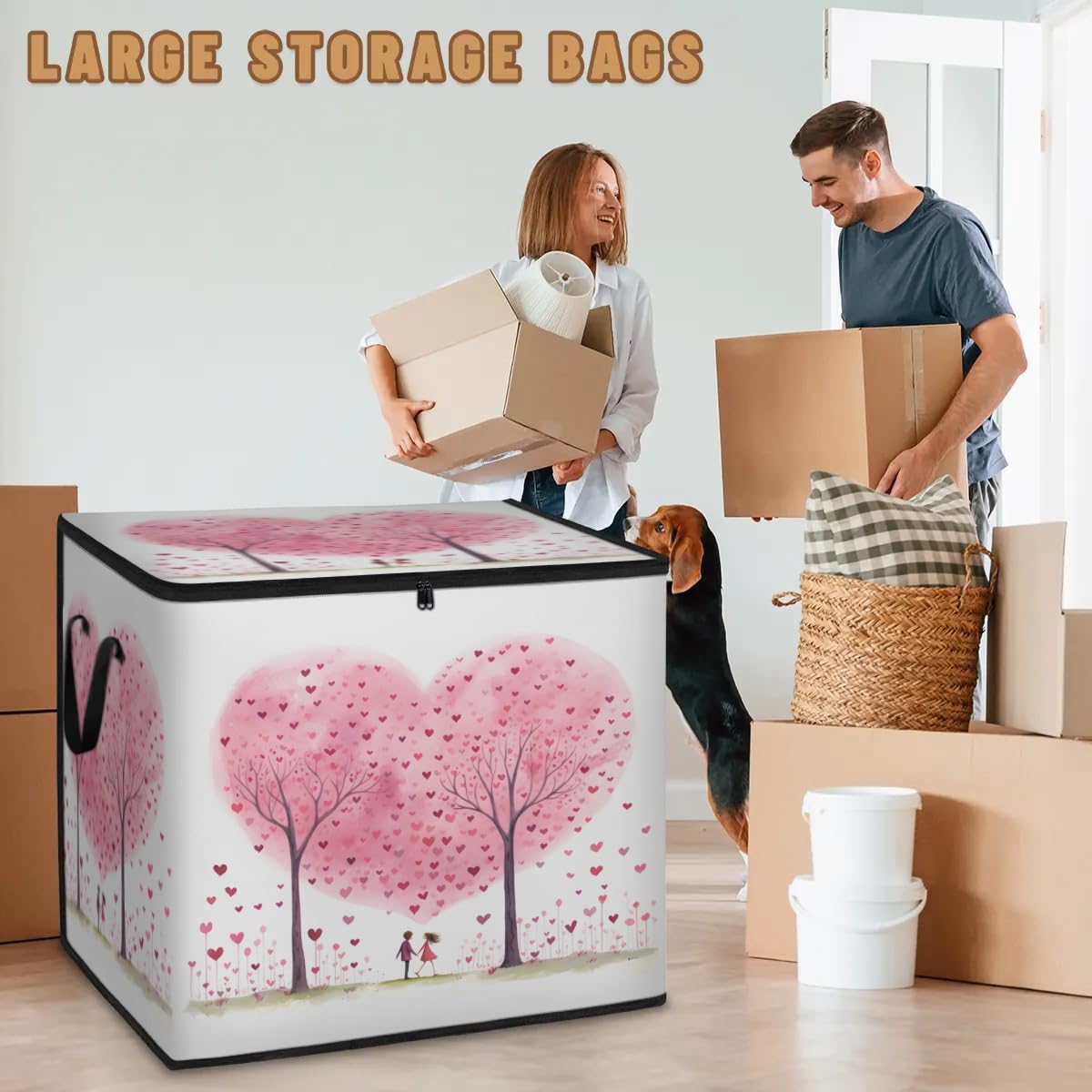 Honeybaby 214L Extra Large Comforter Storage Bag Valentines Day Happy Storage Totes with Lids Waterproof Closet Organizer Folding Blanket Storage Bags for Clothes Bedding Pillows