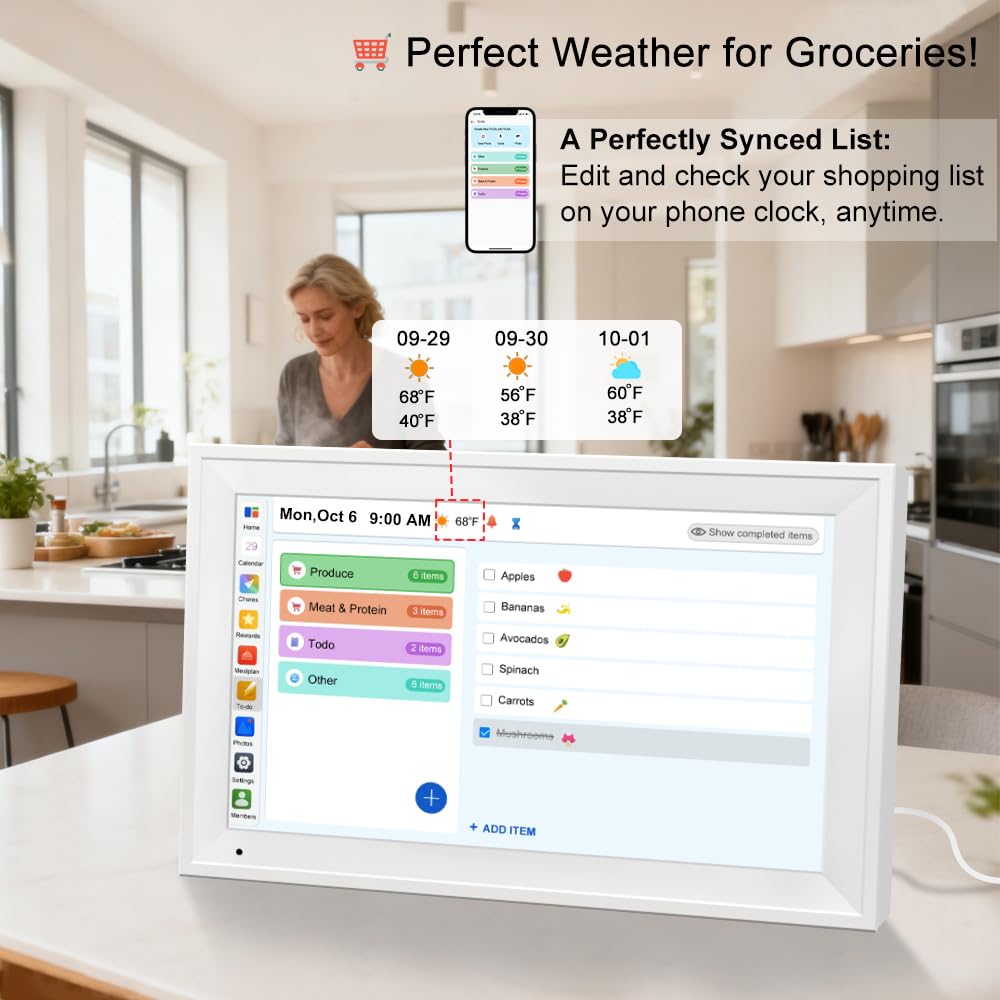 Calendario digitale intelligente per la famiglia, tabella delle faccende domestiche, schermo touchscreen HD, visualizzazione dei pasti e visualizzazione delle foto, si sincronizza con calendari online