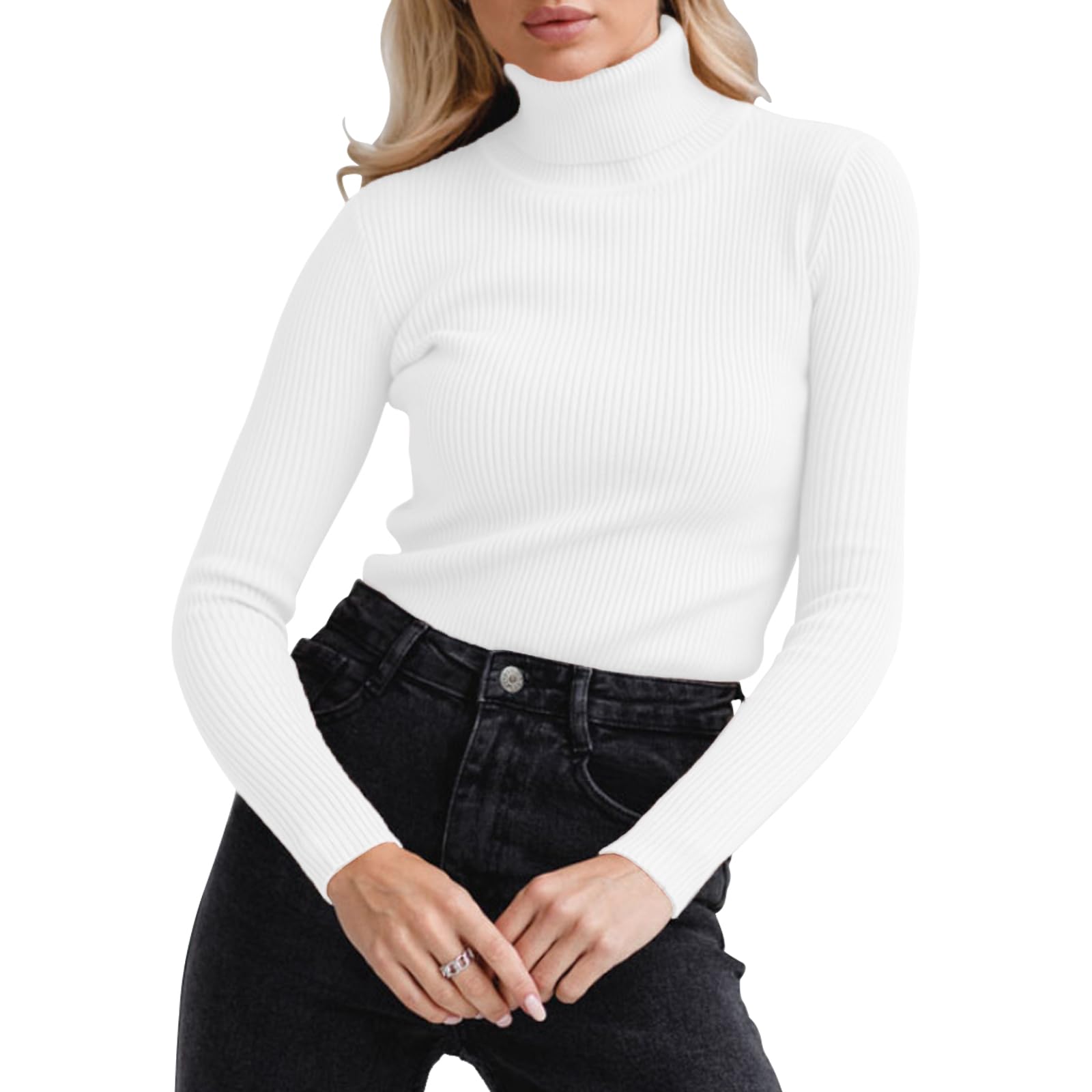 TICIFEN Womens Turtleneck Knit Sweaters Basic Casual Long Sleeve Shirts Slim Fit Thermal Underwear Tops Soft Ribbed Sweater Tee (One Size, White)