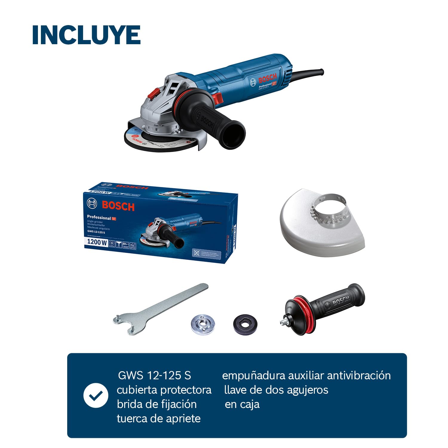 Bosch Professional amoladora angular con cable GWS 12-125 S (Ø del disco: 125 mm, 1200 W, con empuñadura auxiliar antivibración, caperuza de protección, llave de dos agujeros)