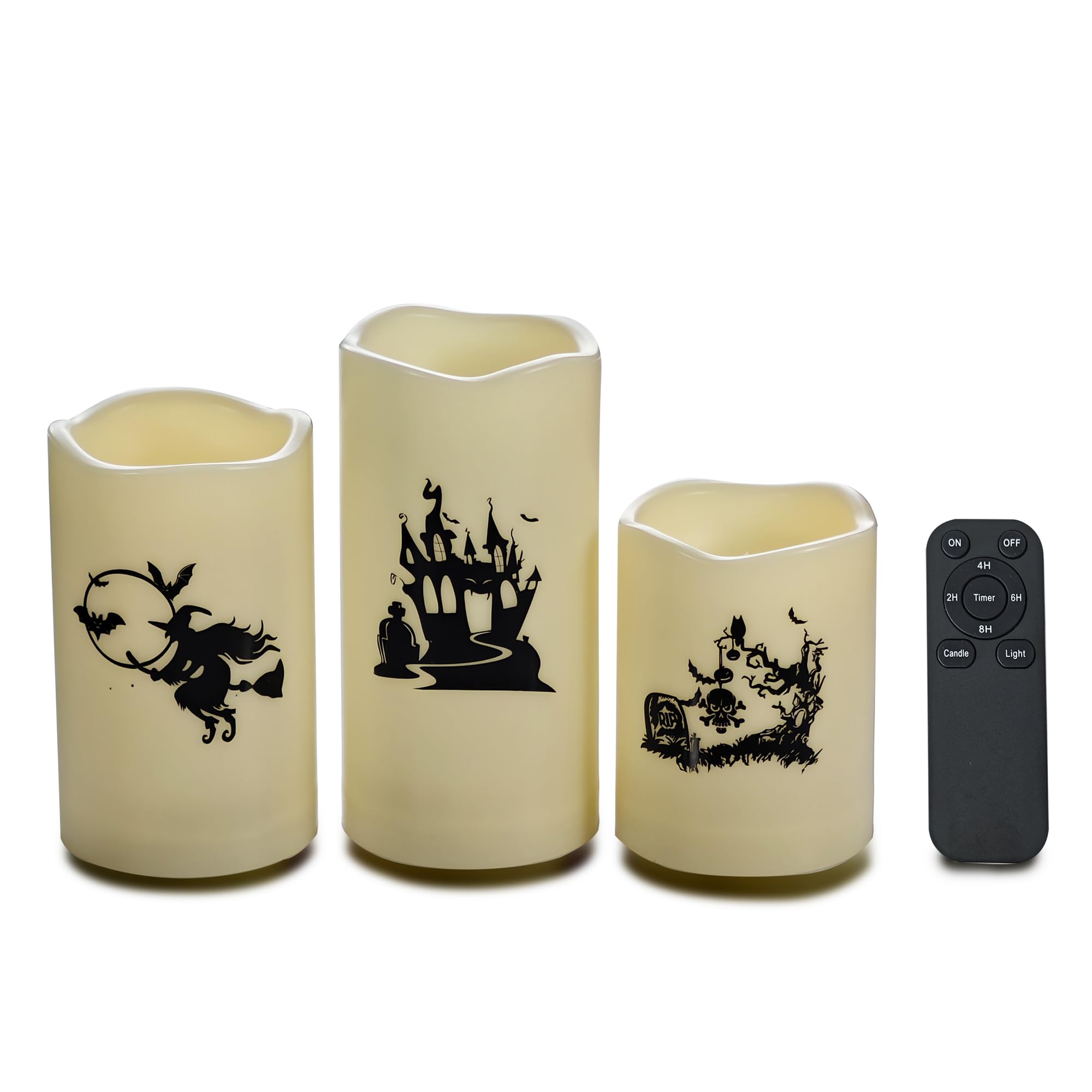CANDLE CHOICE Waterproof Outdoor Battery Operated Flameless Pillar Candles with Remote Timer Realistic Flickering Electric LED Lights with Skull Witch Castle Decals for Halloween Decorations 3 Pack