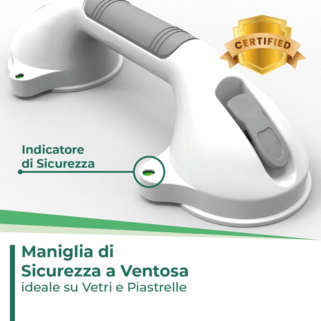 FLOOR SYSTEMS Maniglia Doccia Anziani con Indicatori di Sicurezza Ultra Resistente - Solo su Superfici Lisce - Maniglia Ventosa per Bagno - Ventose per Vetro e Piastrelle - 2 maniglie con omaggio