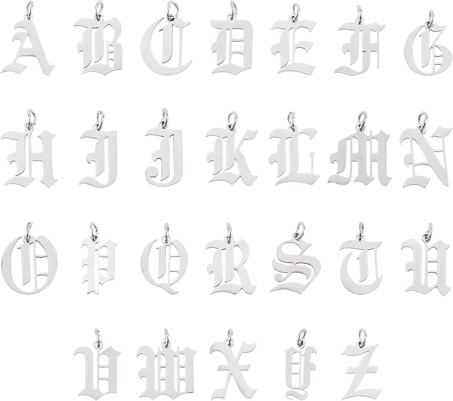 UNICRAFTALE 26pcs Metal Letter Pendants Old English Gothic Pendants Stainless Steel A-Z Letter Charms with Jump Ring for Bracelets, Necklaces and Earrings Craft Making, 3mm Hole