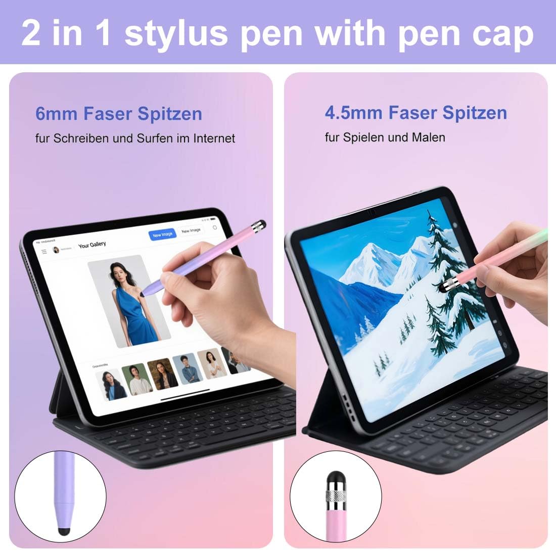 Penna per Tablet 2 in 1, 2 Pezzi, Verde Sfumato Rosa + Viola Sfumato Rosa, Touchscreen
